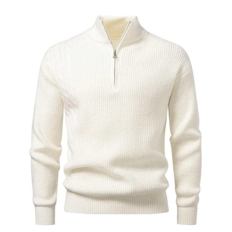 Herren Feinstrick-Halbzip-Pullover mit Stehkragen, Rippstruktur und Schulter-Zopfdetail Nord Taschen