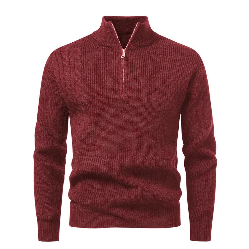 Herren Feinstrick-Halbzip-Pullover mit Stehkragen, Rippstruktur und Schulter-Zopfdetail Nord Taschen