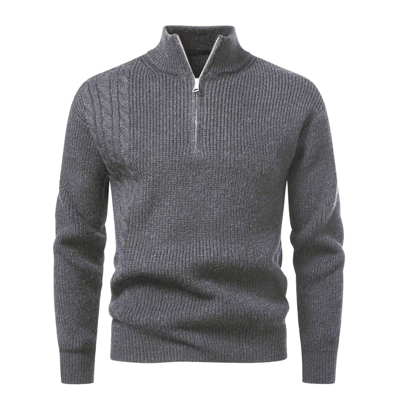 Herren Feinstrick-Halbzip-Pullover mit Stehkragen, Rippstruktur und Schulter-Zopfdetail Nord Taschen