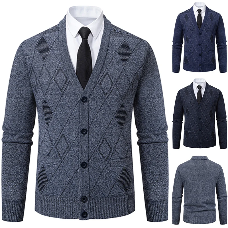Herren Feinstrick-Cardigan mit Rautenmuster, Knopfleiste und Eingrifftaschen Nord Taschen