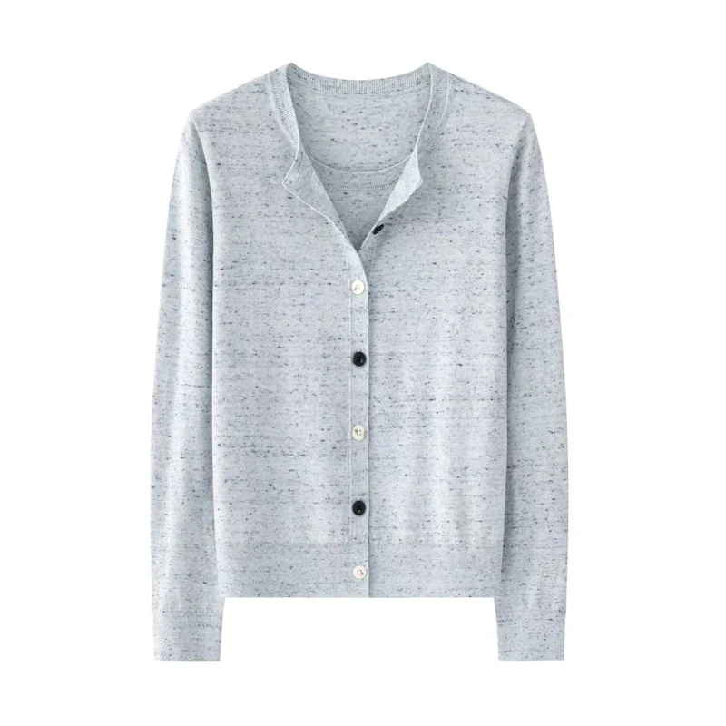 Damen Leichter gestrickter Kurzcardigan mit Rundhals, Mélange‑Struktur und kontrastierenden Knöpfen Nord Taschen