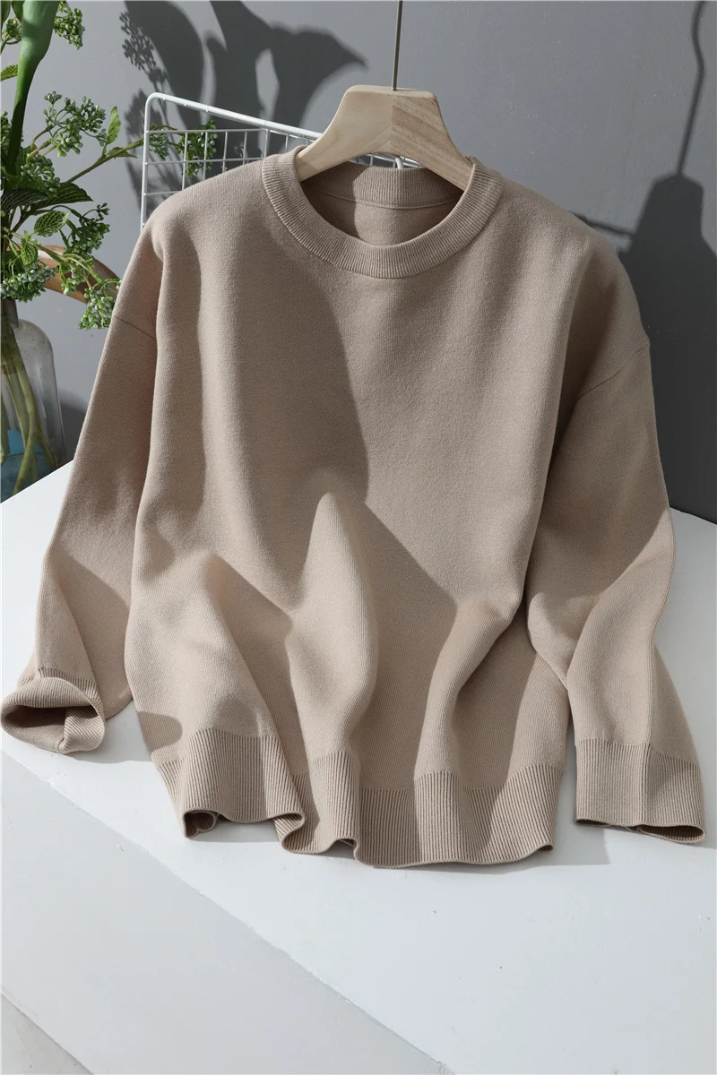Damen Leichter Baumwoll-Mix Rundhals-Pullover mit minimalistischem Schnitt Nord Taschen