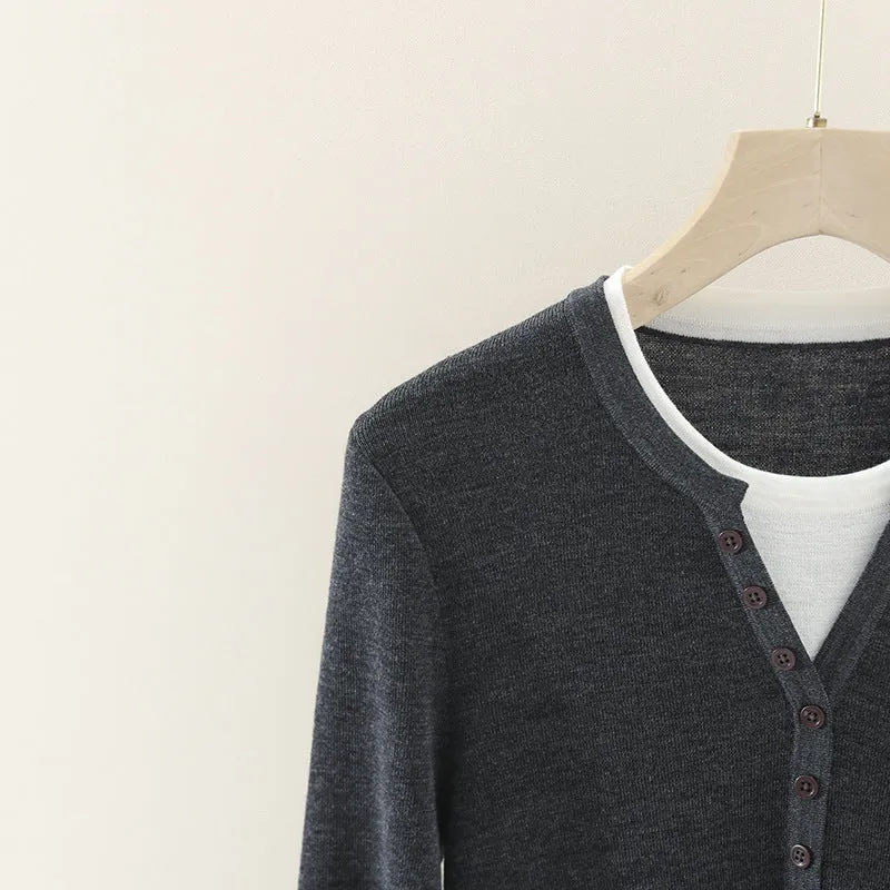 Damen Layer-Look Feinstrick-Longsleeve mit Henley-Knopfleiste Nord Taschen