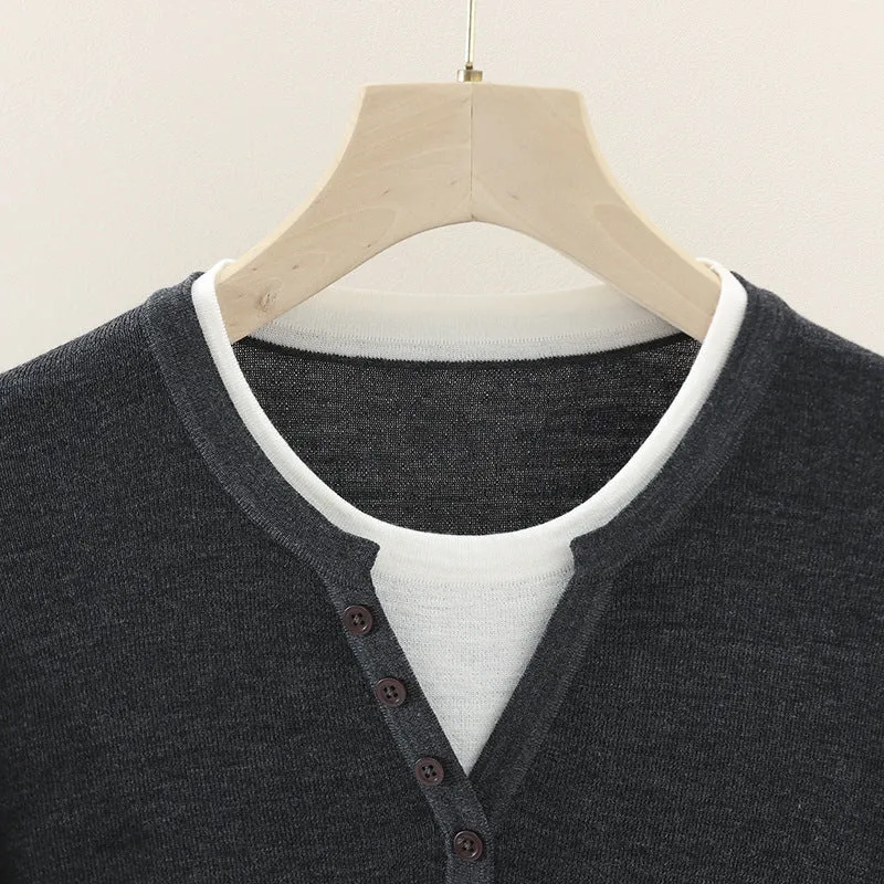 Damen Layer-Look Feinstrick-Longsleeve mit Henley-Knopfleiste Nord Taschen