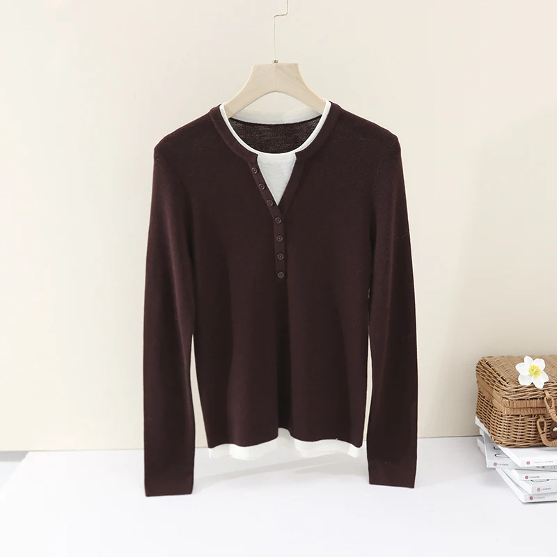 Damen Layer-Look Feinstrick-Longsleeve mit Henley-Knopfleiste Nord Taschen