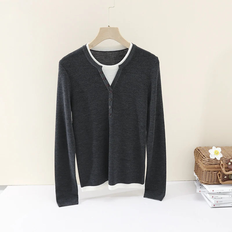 Damen Layer-Look Feinstrick-Longsleeve mit Henley-Knopfleiste Nord Taschen