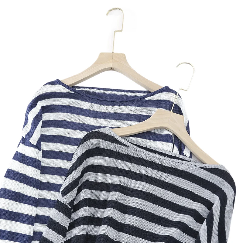 Damen lässiger Oversize Strickpullover mit U-Boot-Ausschnitt und maritimen Querstreifen Nord Taschen