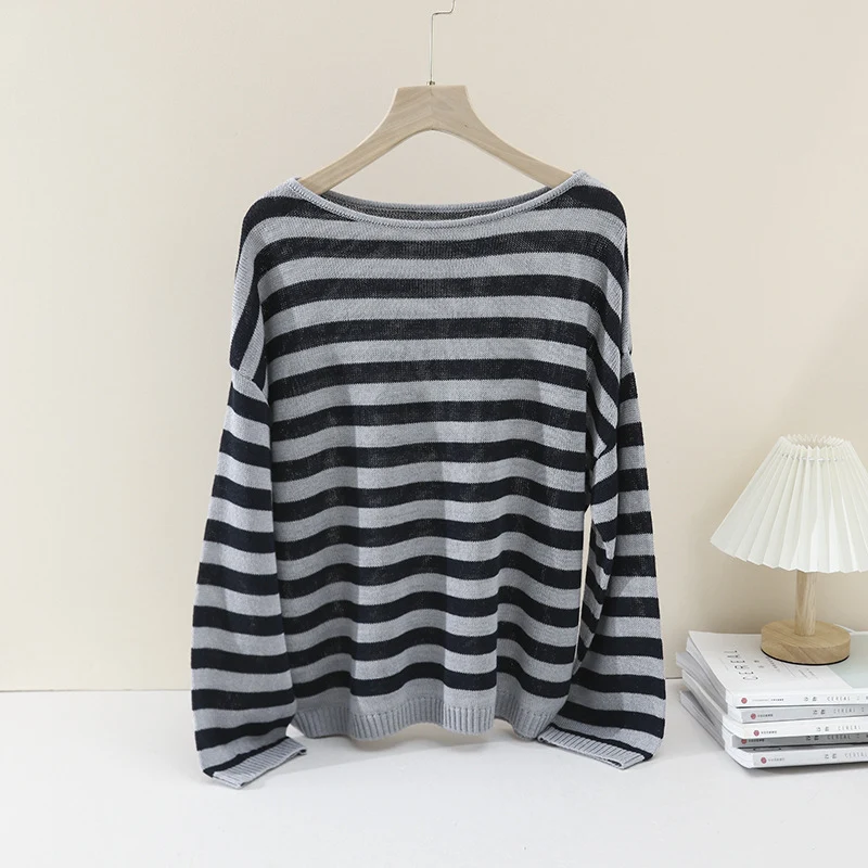 Damen lässiger Oversize Strickpullover mit U-Boot-Ausschnitt und maritimen Querstreifen Nord Taschen