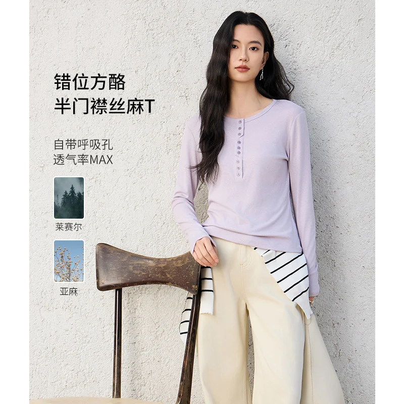 Damen Langärmeliges Henley-Shirt aus feinem Jersey mit dekorativer Knopfleiste Nord Taschen