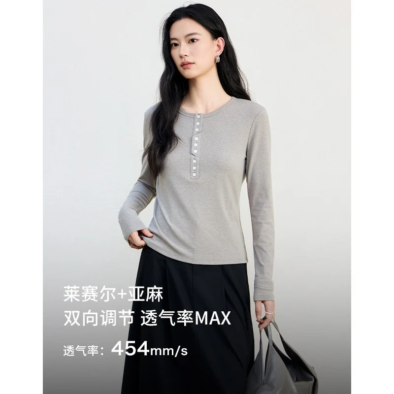 Damen Langärmeliges Henley-Shirt aus feinem Jersey mit dekorativer Knopfleiste Nord Taschen