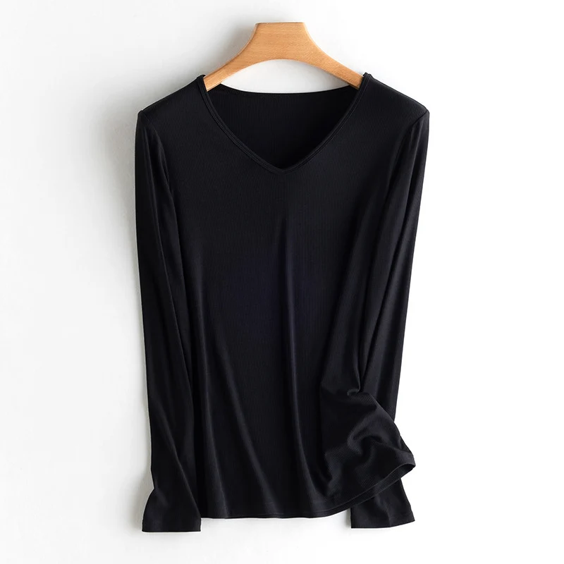 Damen Langarm-Feinrippshirt aus weichem Modal-Baumwollmix mit Rundhalsausschnitt Nord Taschen