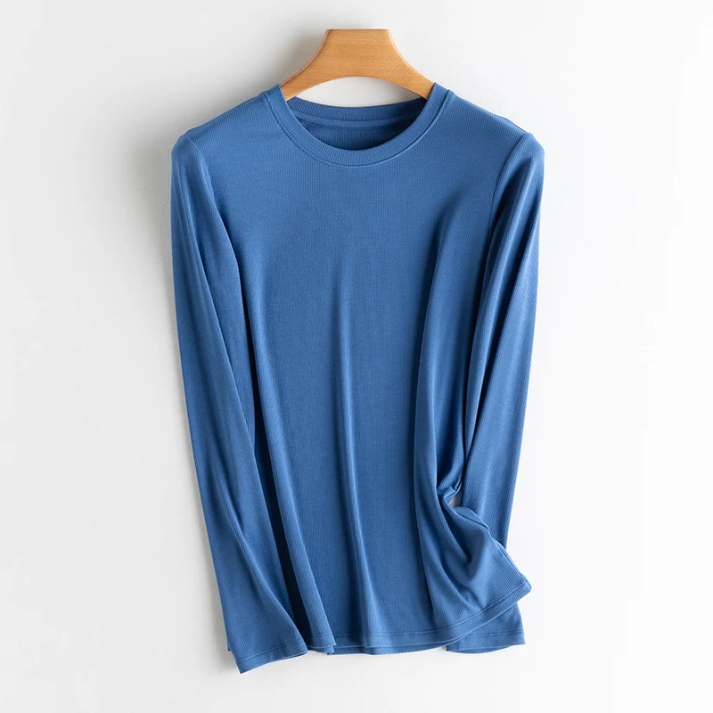 Damen Langarm-Feinrippshirt aus weichem Modal-Baumwollmix mit Rundhalsausschnitt Nord Taschen