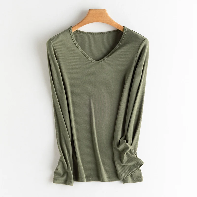 Damen Langarm-Feinrippshirt aus weichem Modal-Baumwollmix mit Rundhalsausschnitt Nord Taschen