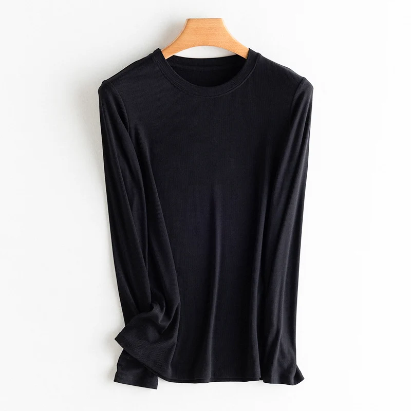 Damen Langarm-Feinrippshirt aus weichem Modal-Baumwollmix mit Rundhalsausschnitt Nord Taschen