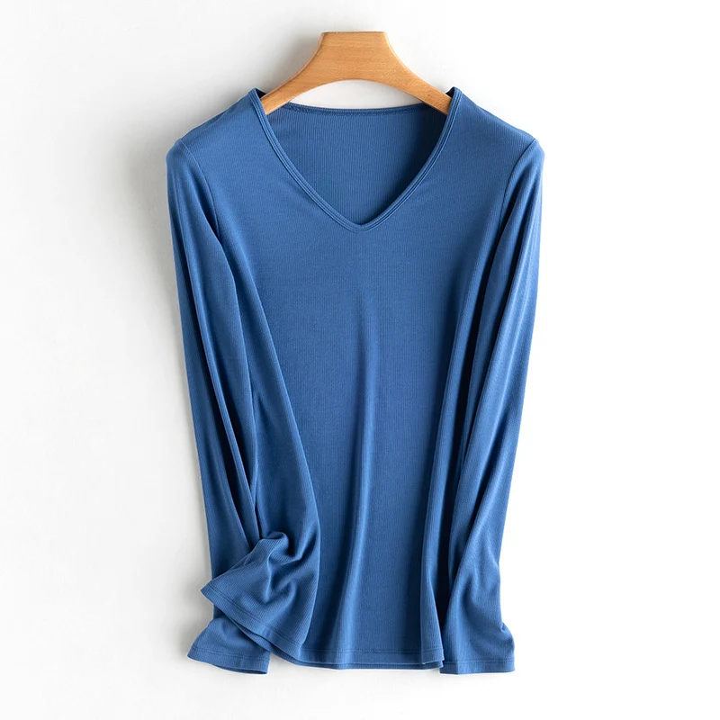 Damen Langarm-Feinrippshirt aus weichem Modal-Baumwollmix mit Rundhalsausschnitt Nord Taschen