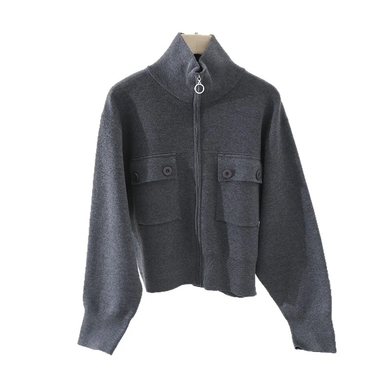 Damen Kurze strukturierte Strickjacke mit Stehkragen, Metallreißverschluss & Brusttaschen Nord Taschen