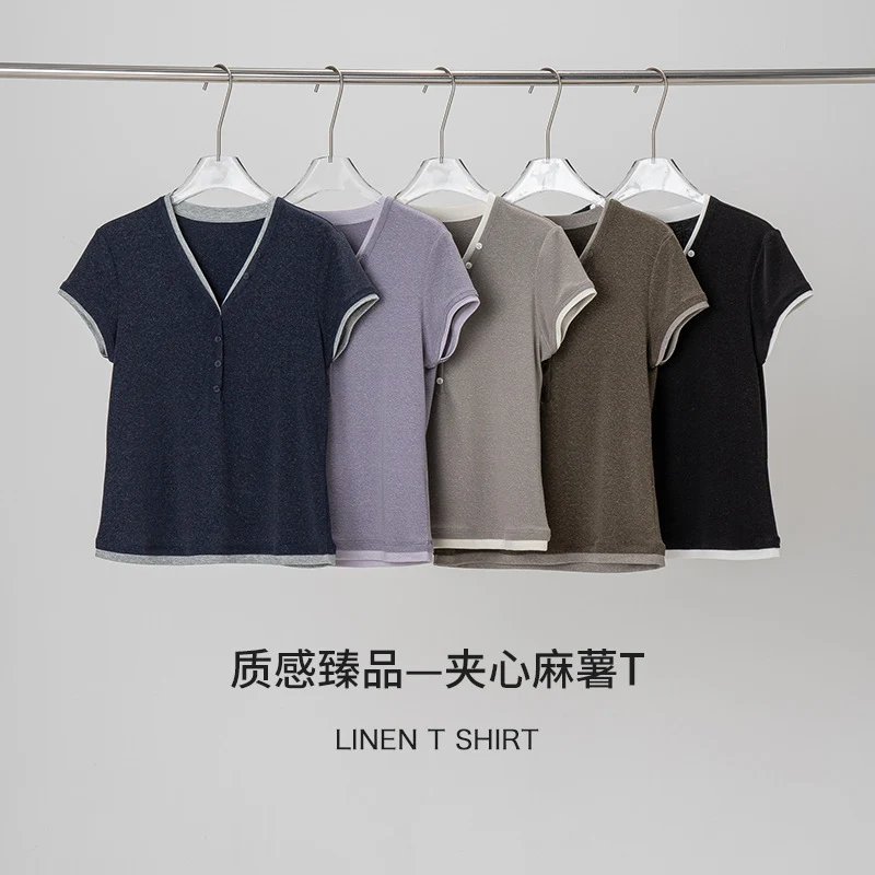 Damen Kurzärmeliges V-Ausschnitt-Henley-Shirt aus Stretch-Jersey mit feiner Knopfleiste Nord Taschen