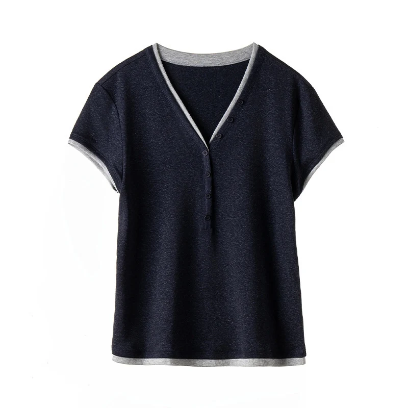 Damen Kurzärmeliges V-Ausschnitt-Henley-Shirt aus Stretch-Jersey mit feiner Knopfleiste Nord Taschen