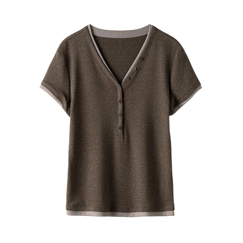 Damen Kurzärmeliges V-Ausschnitt-Henley-Shirt aus Stretch-Jersey mit feiner Knopfleiste Nord Taschen