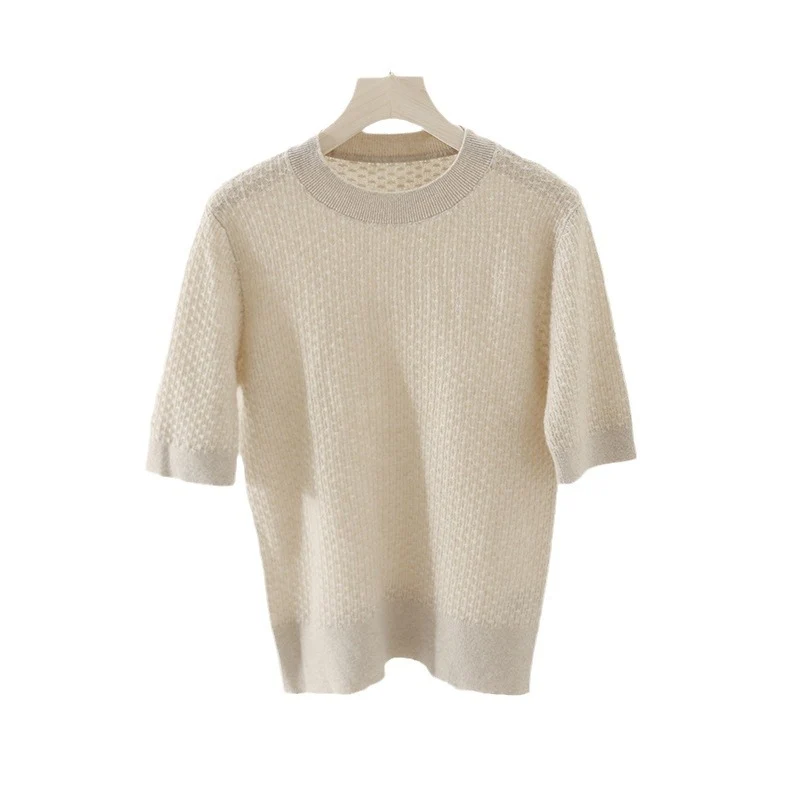 Damen Kurzärmeliges Feinstrickshirt mit Ajourstruktur und geripptem Saum Nord Taschen