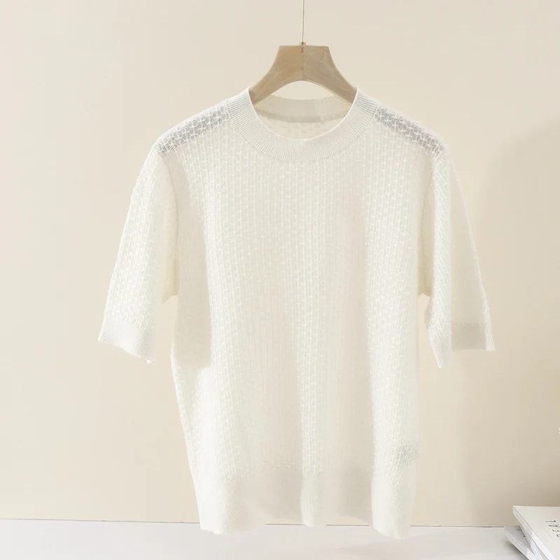 Damen Kurzärmeliges Feinstrickshirt mit Ajourstruktur und geripptem Saum Nord Taschen