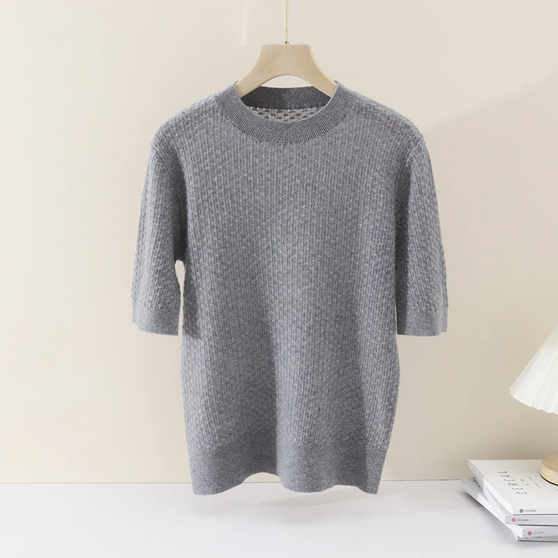 Damen Kurzärmeliges Feinstrickshirt mit Ajourstruktur und geripptem Saum Nord Taschen