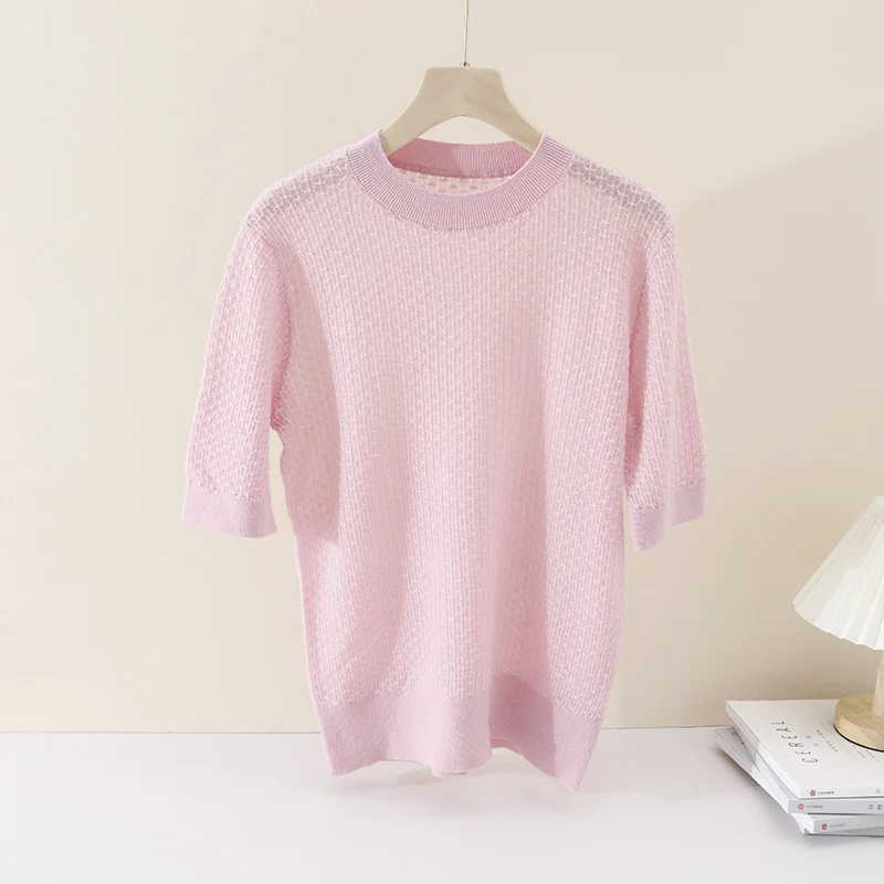 Damen Kurzärmeliges Feinstrickshirt mit Ajourstruktur und geripptem Saum Nord Taschen