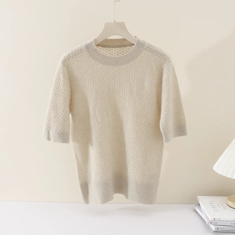 Damen Kurzärmeliges Feinstrickshirt mit Ajourstruktur und geripptem Saum Nord Taschen
