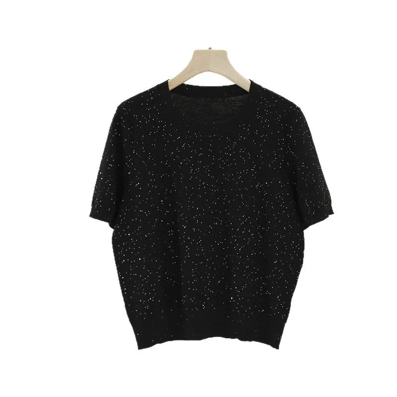 Damen Kurzärmeliges Feinstrickoberteil mit dezentem Glitzergarn und Rundhalsausschnitt Nord Taschen