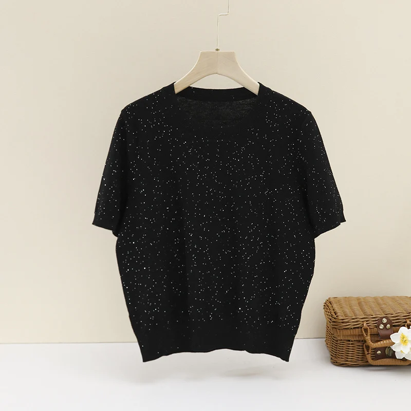 Damen Kurzärmeliges Feinstrickoberteil mit dezentem Glitzergarn und Rundhalsausschnitt Nord Taschen