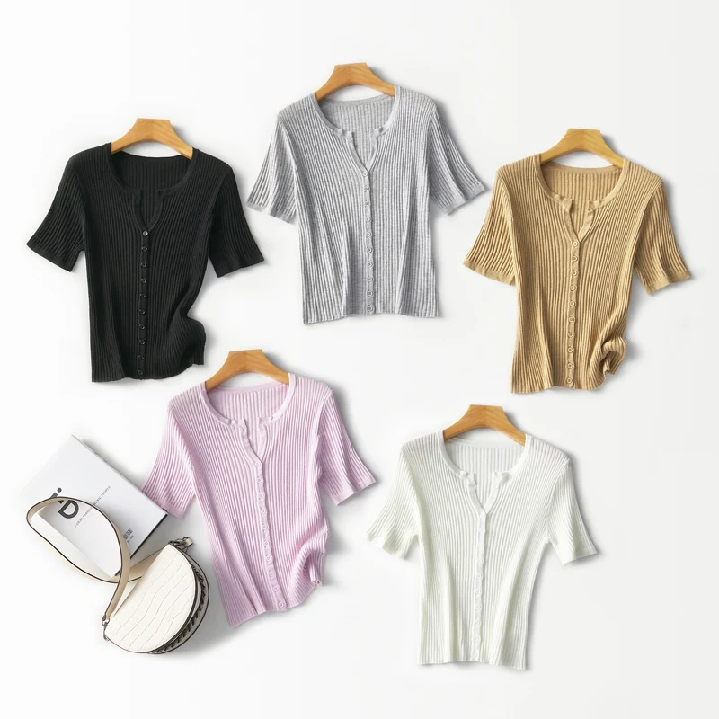 Damen Kurzärmeliger gerippter Knopfcardigan aus Feinstrick Nord Taschen