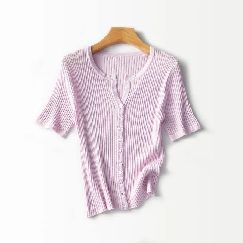 Damen Kurzärmeliger gerippter Knopfcardigan aus Feinstrick Nord Taschen