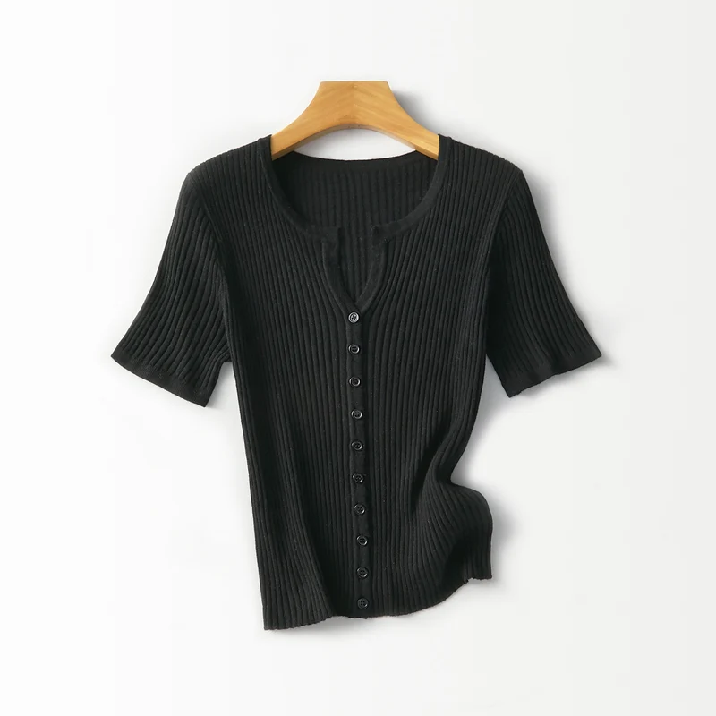 Damen Kurzärmeliger gerippter Knopfcardigan aus Feinstrick Nord Taschen