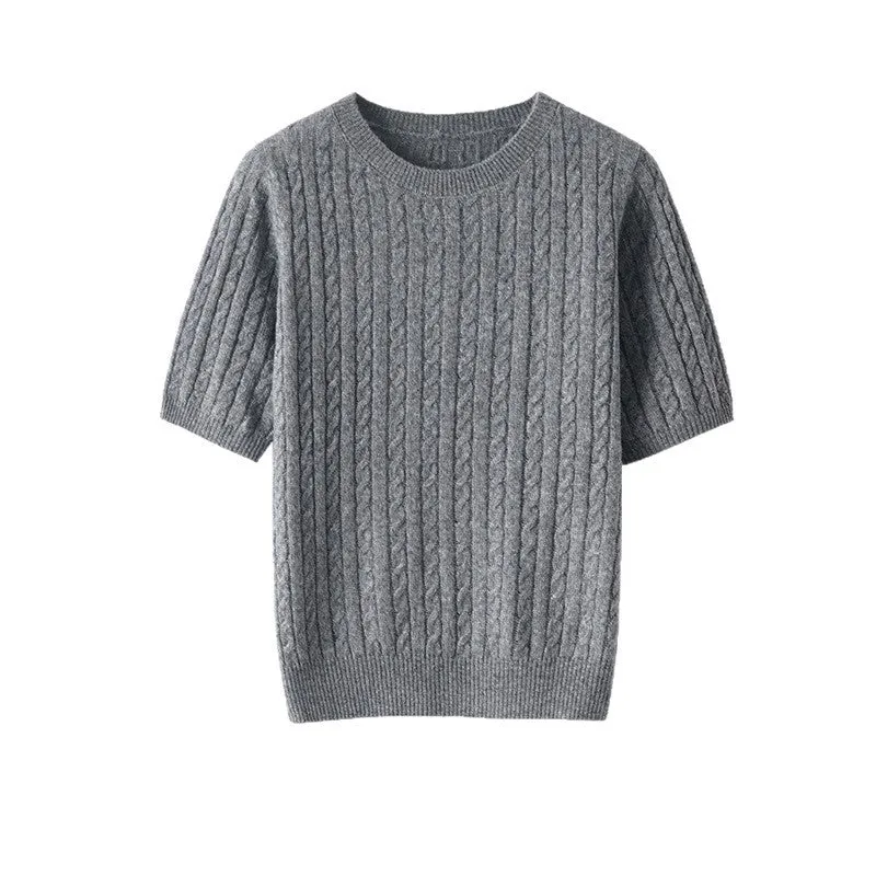 Damen Kurzarm-Strickpullover mit Zopfmuster und feinem Rundhalsausschnitt Nord Taschen