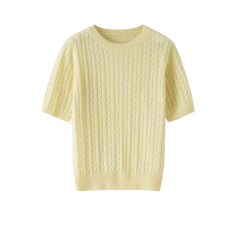 Damen Kurzarm-Strickpullover mit Zopfmuster und feinem Rundhalsausschnitt Nord Taschen