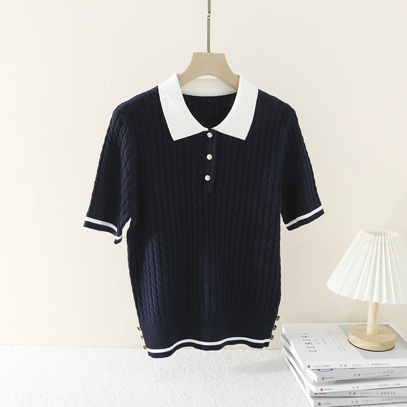 Damen Kurzarm Strickpoloshirt mit Zopfmuster und Kontrastkragen Nord Taschen