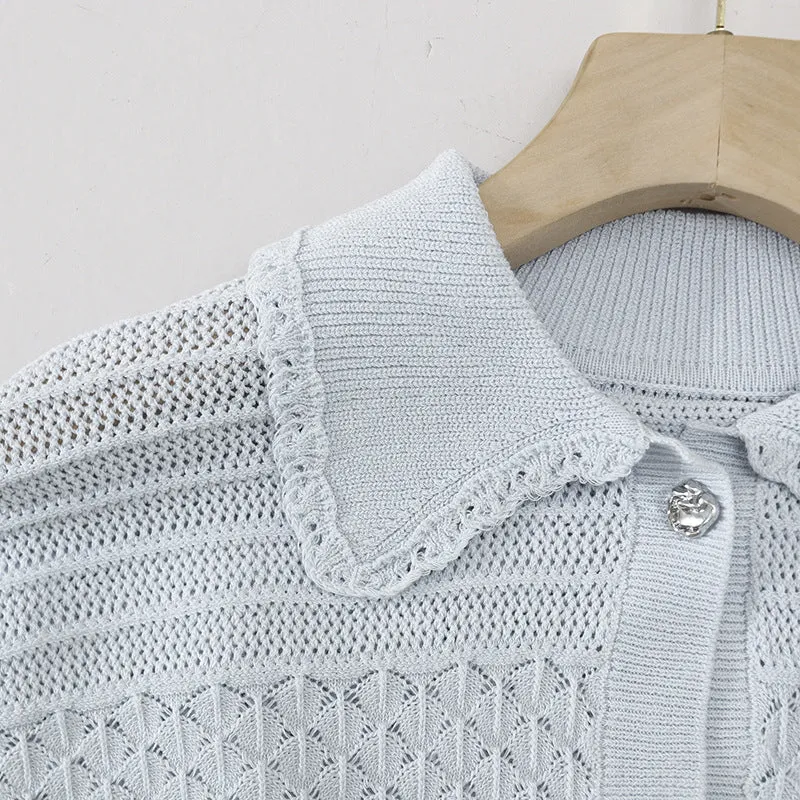 Damen Kurzarm-Strickjacke mit Peter-Pan-Kragen und Ajourmuster Nord Taschen