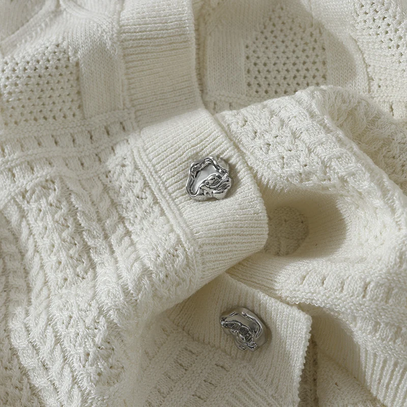 Damen Kurzarm-Strickjacke mit Peter-Pan-Kragen und Ajourmuster Nord Taschen