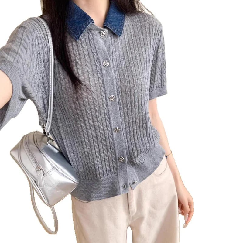 Damen Kurzarm-Strickcardigan mit Zopfmuster und kontrastierendem Jeanskragen Nord Taschen