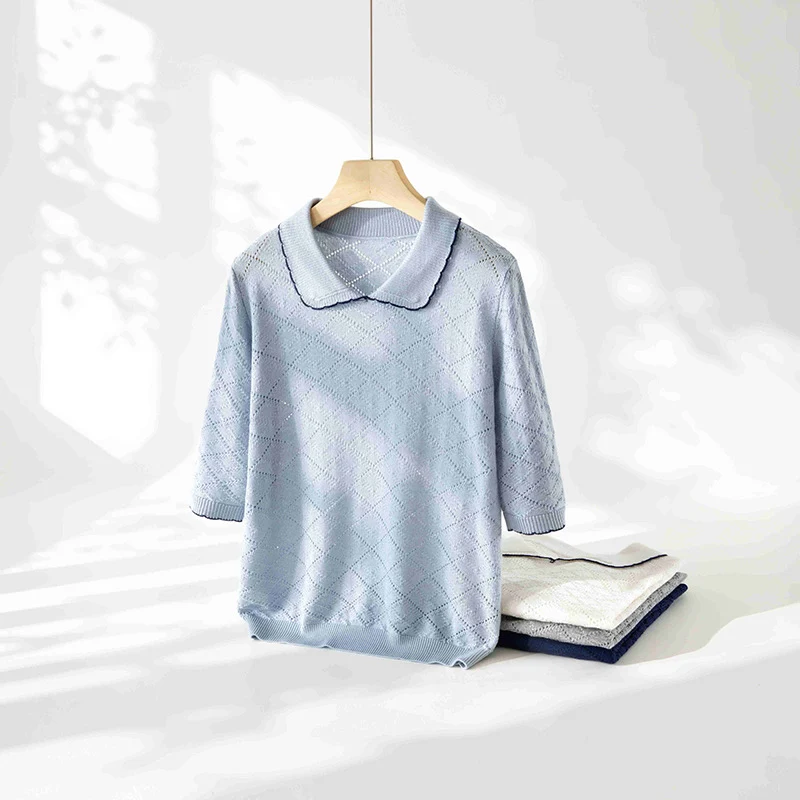 Damen Kurzarm-Feinstrickpullover mit Peter-Pan-Kragen, Ajour-Diamantmuster und feiner Kontrastkante Nord Taschen