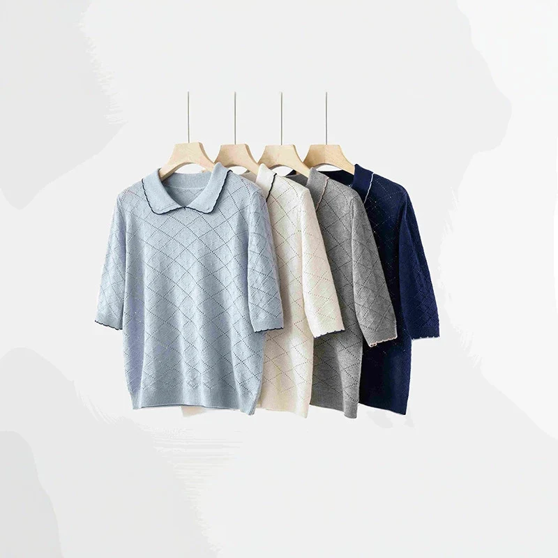 Damen Kurzarm-Feinstrickpullover mit Peter-Pan-Kragen, Ajour-Diamantmuster und feiner Kontrastkante Nord Taschen