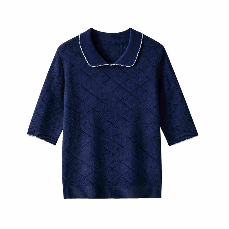 Damen Kurzarm-Feinstrickpullover mit Peter-Pan-Kragen, Ajour-Diamantmuster und feiner Kontrastkante Nord Taschen