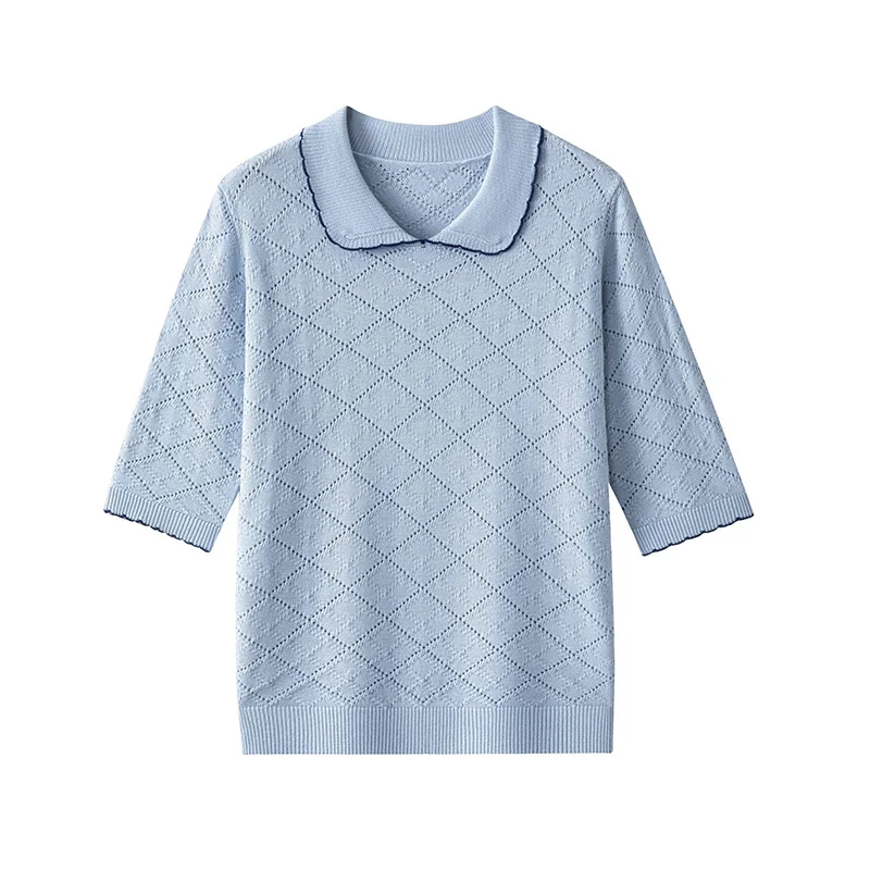 Damen Kurzarm-Feinstrickpullover mit Peter-Pan-Kragen, Ajour-Diamantmuster und feiner Kontrastkante Nord Taschen