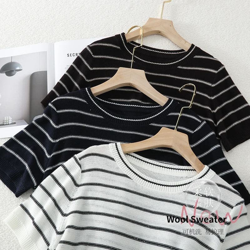 Damen Kurzarm-Feinstrickpullover mit maritimen Streifen Nord Taschen