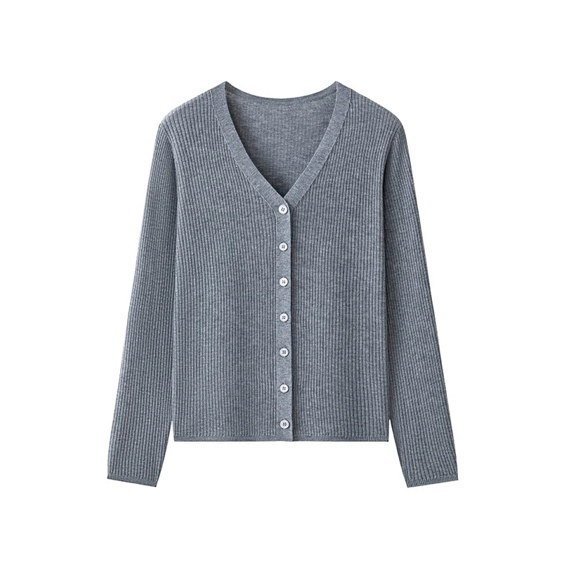 Damen Klassischer Feiner Rippen-Cardigan mit tiefem V-Ausschnitt und schmaler Silhouette Nord Taschen