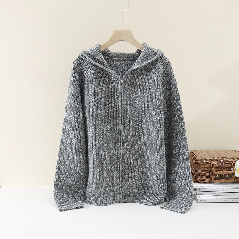 Damen Grobgestrickte Kapuzenjacke mit durchgehendem Reißverschluss und Raglanärmeln Nord Taschen