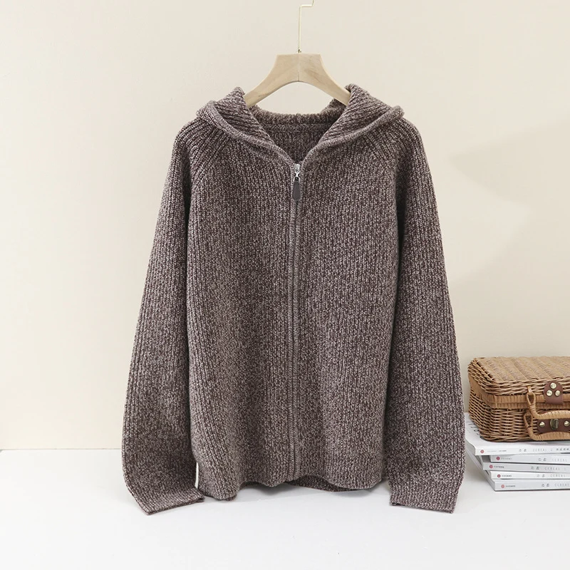 Damen Grobgestrickte Kapuzenjacke mit durchgehendem Reißverschluss und Raglanärmeln Nord Taschen