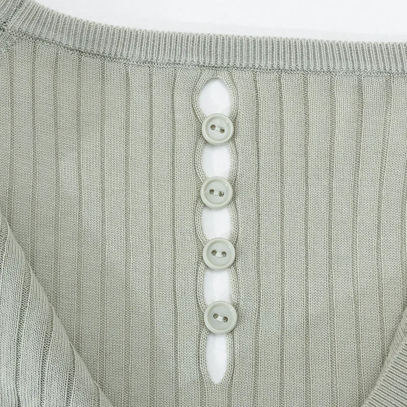 Damen Geripptes Kurzarm-Strickshirt mit Rundhalsausschnitt und Schlüsselloch-Detail Nord Taschen