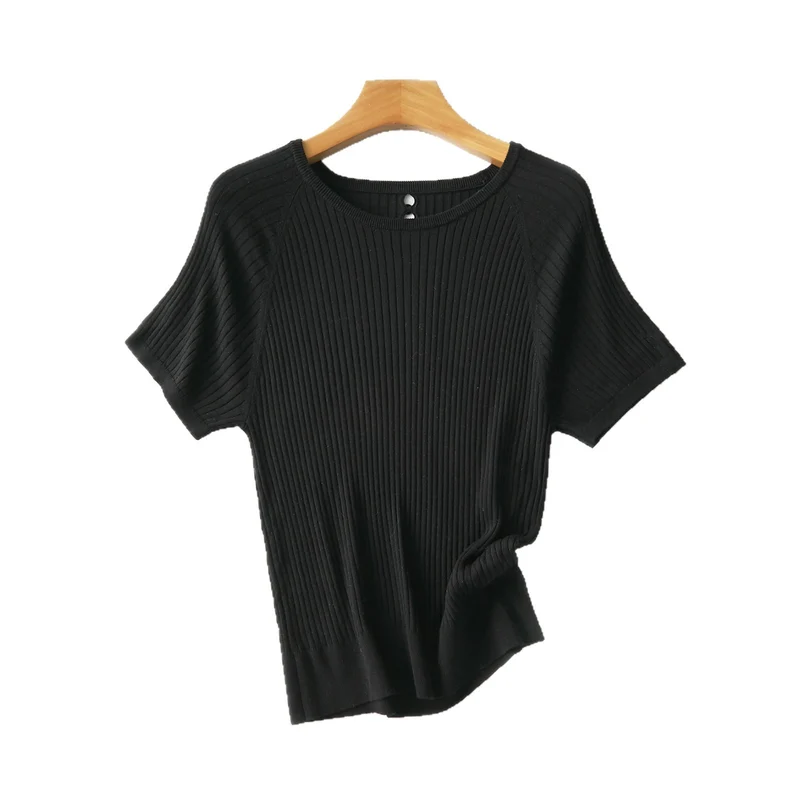 Damen Geripptes Kurzarm-Strickshirt mit Rundhalsausschnitt und Schlüsselloch-Detail Nord Taschen