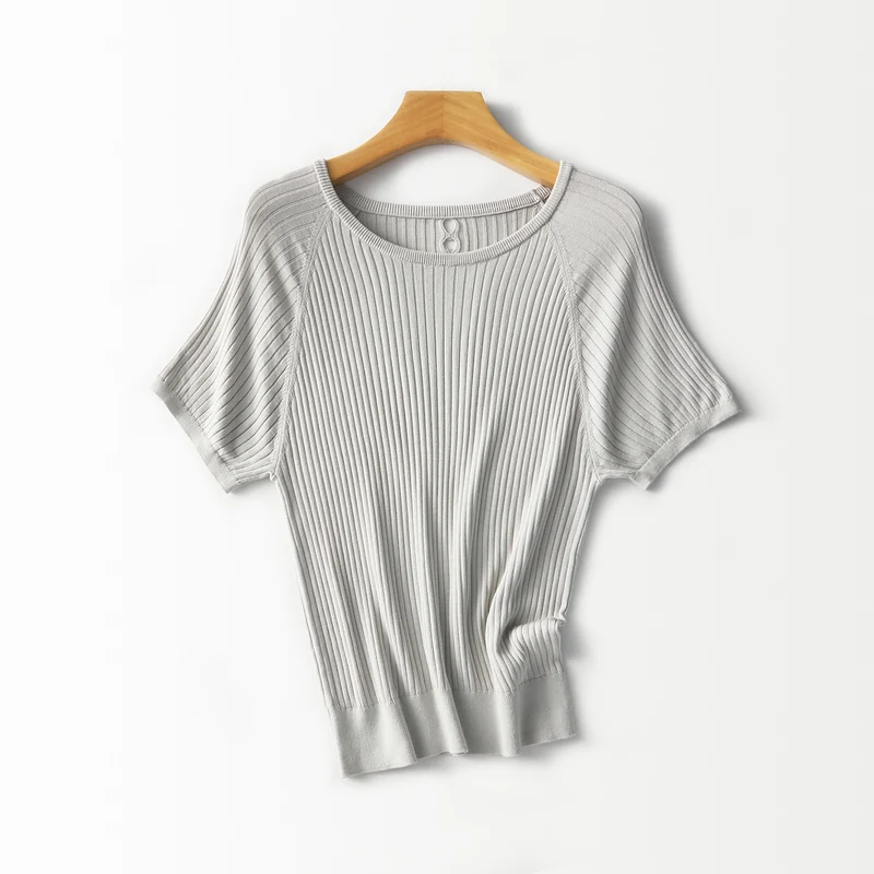 Damen Geripptes Kurzarm-Strickshirt mit Rundhalsausschnitt und Schlüsselloch-Detail Nord Taschen